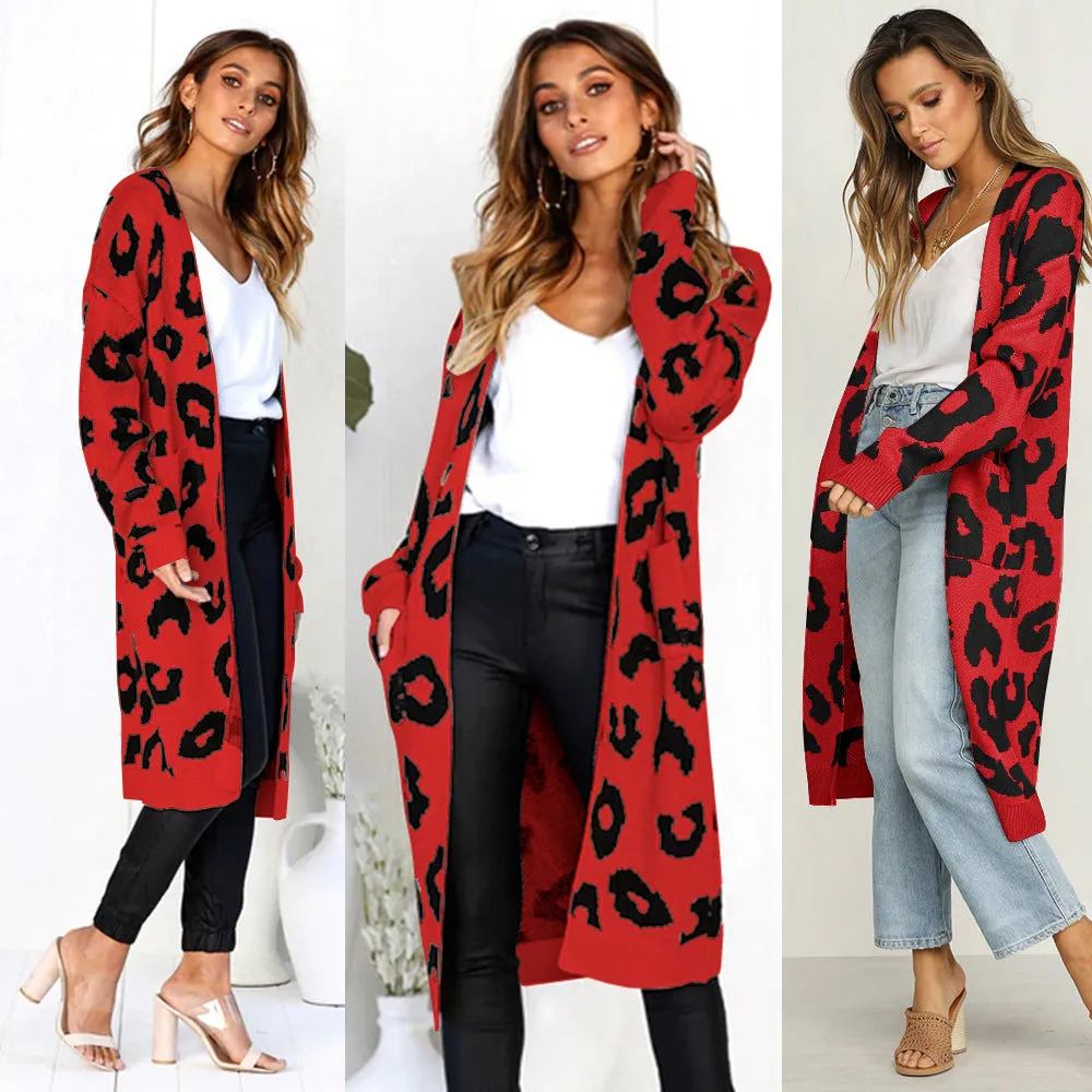 Print Loose Pockets Women Oversized Cardigan Sweater