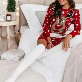 Red Jacquard Knitted Long Sleeve Crochet Christmas Sweater