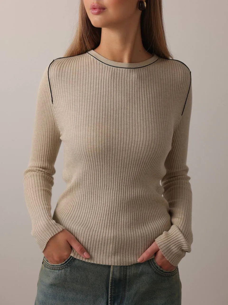 Ribbed Knit Beige Sweater
