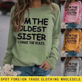 Round Neck Letter Fashion Women Long Sleeve I'M THE OLDEST SISTER Loose Print Sweatshirt