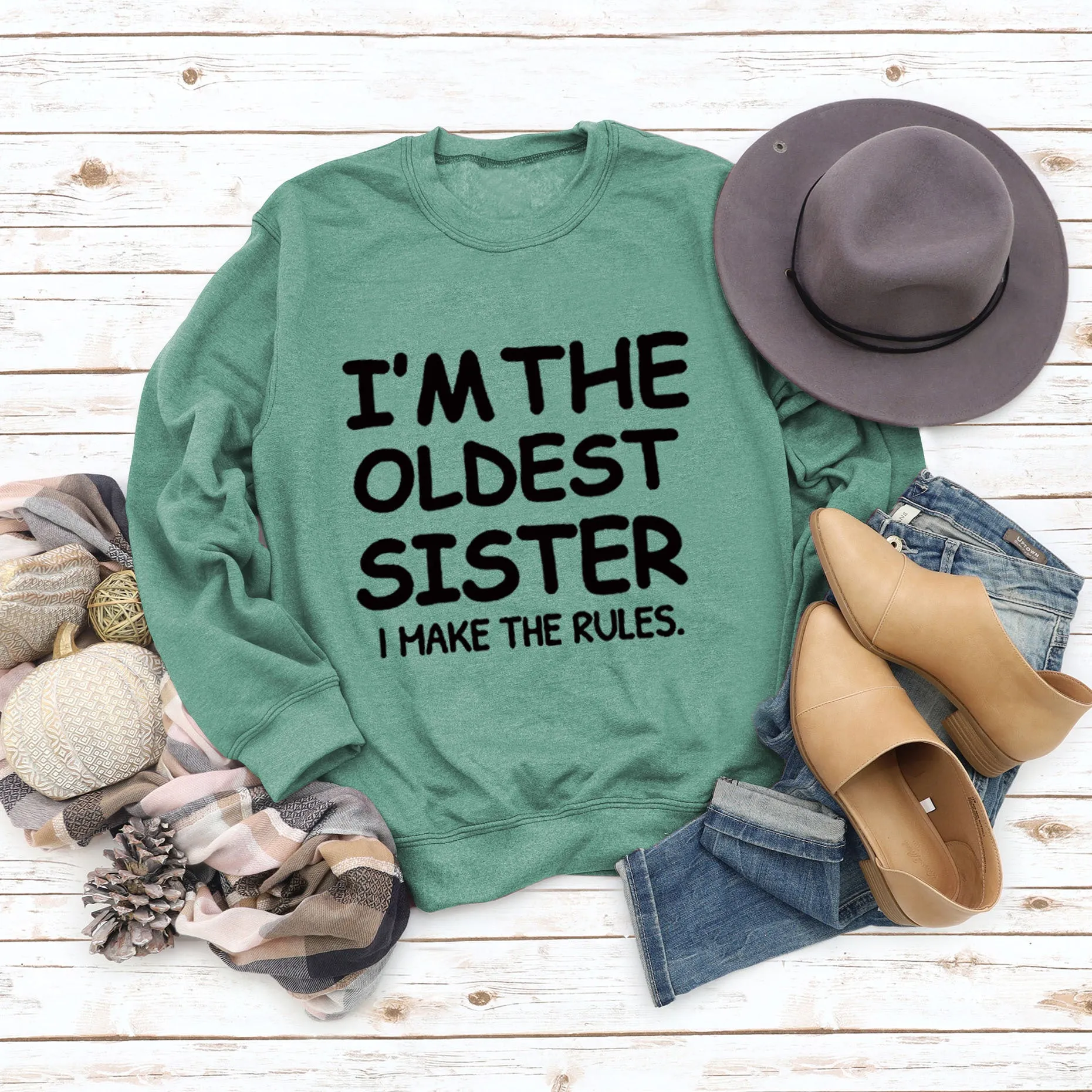 Round Neck Letter Fashion Women Long Sleeve I'M THE OLDEST SISTER Loose Print Sweatshirt
