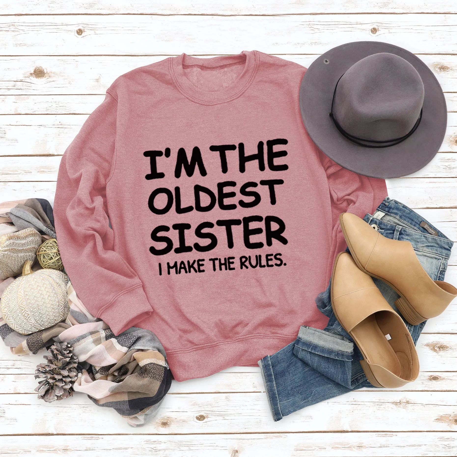 Round Neck Letter Fashion Women Long Sleeve I'M THE OLDEST SISTER Loose Print Sweatshirt
