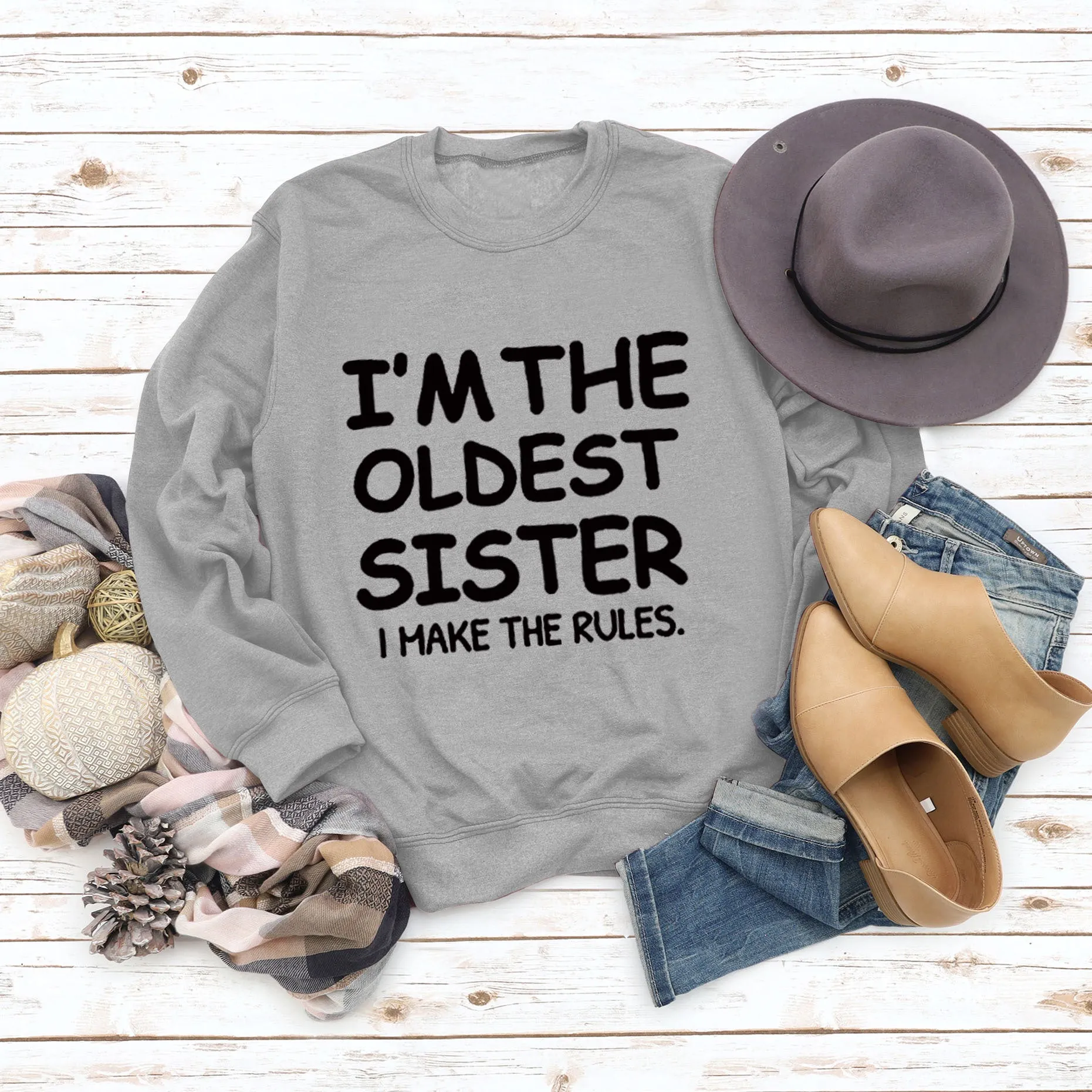 Round Neck Letter Fashion Women Long Sleeve I'M THE OLDEST SISTER Loose Print Sweatshirt