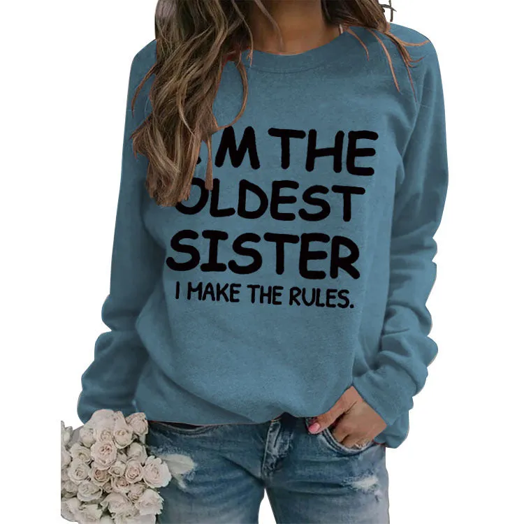 Round Neck Letter Fashion Women Long Sleeve I'M THE OLDEST SISTER Loose Print Sweatshirt
