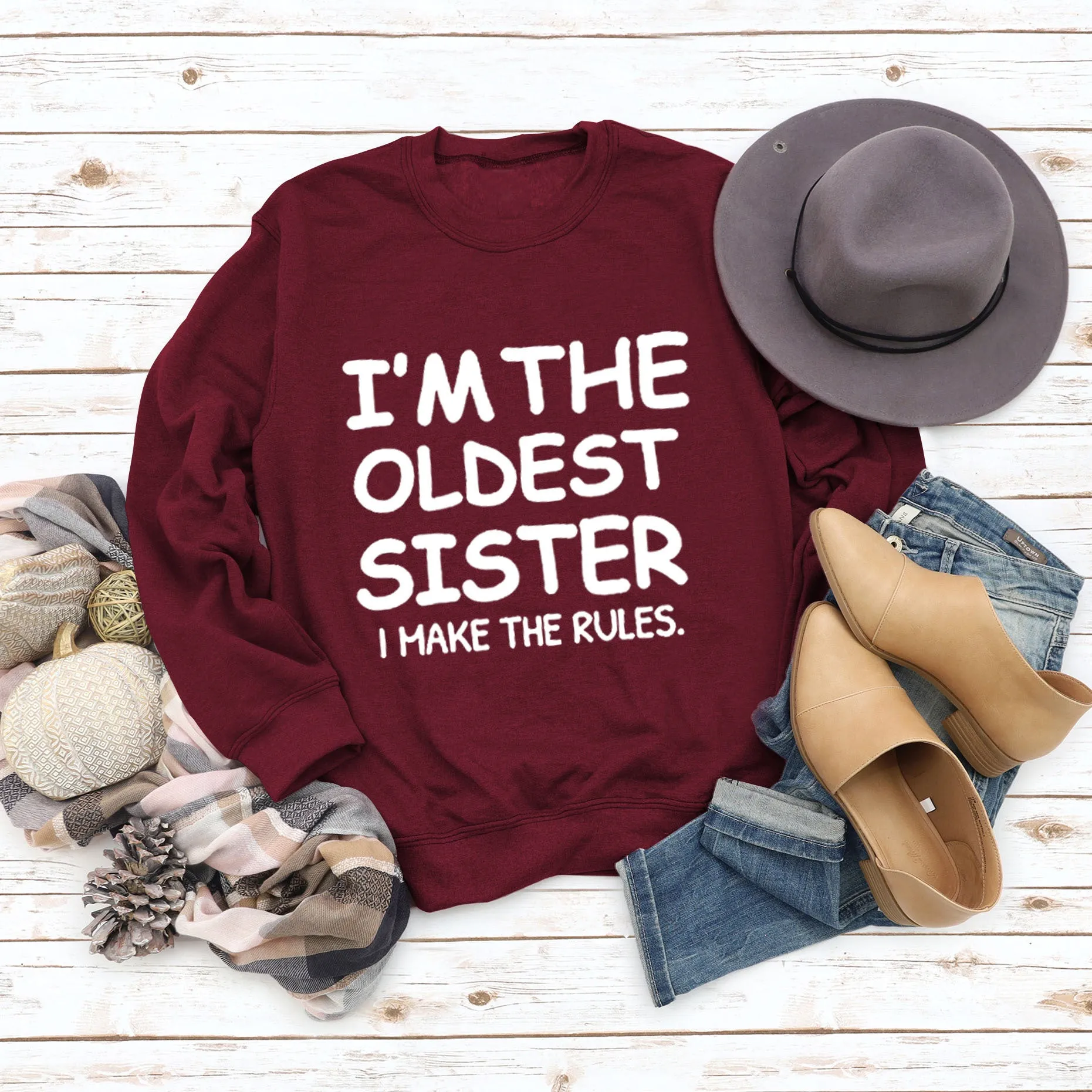 Round Neck Letter Fashion Women Long Sleeve I'M THE OLDEST SISTER Loose Print Sweatshirt