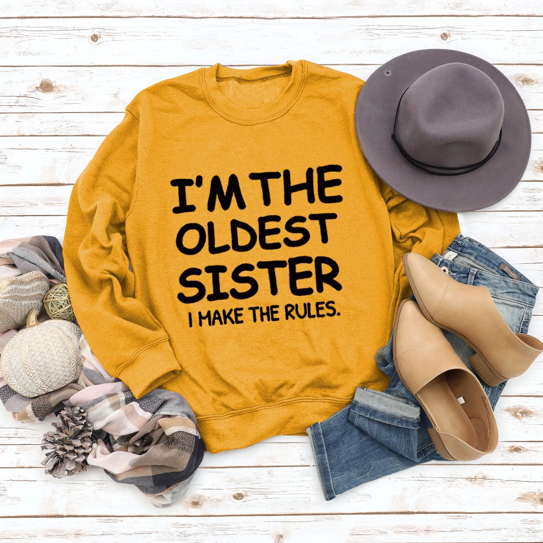 Round Neck Letter Fashion Women Long Sleeve I'M THE OLDEST SISTER Loose Print Sweatshirt