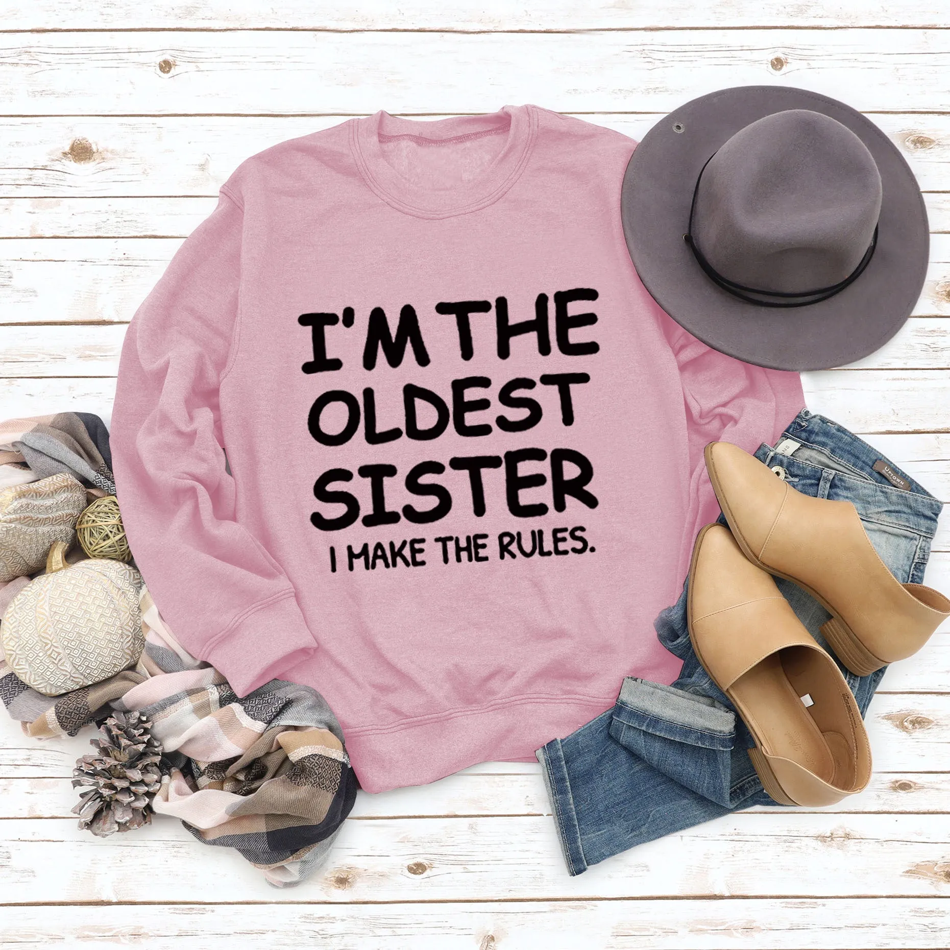 Round Neck Letter Fashion Women Long Sleeve I'M THE OLDEST SISTER Loose Print Sweatshirt