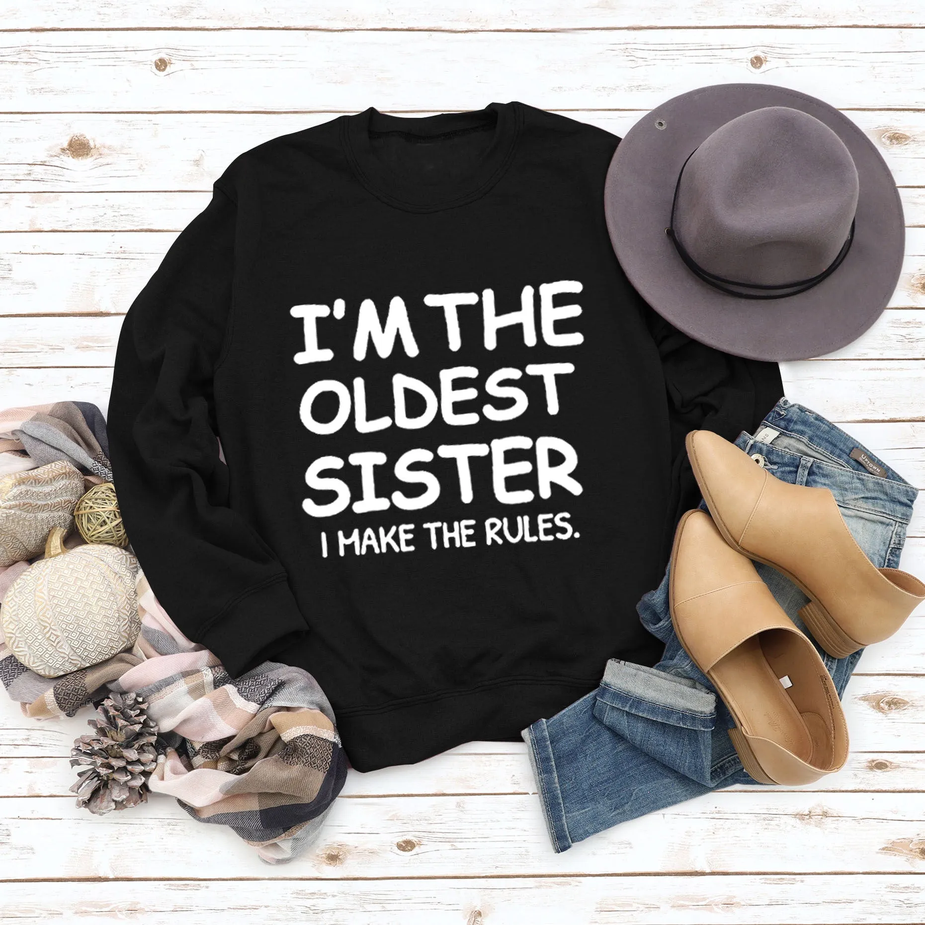 Round Neck Letter Fashion Women Long Sleeve I'M THE OLDEST SISTER Loose Print Sweatshirt