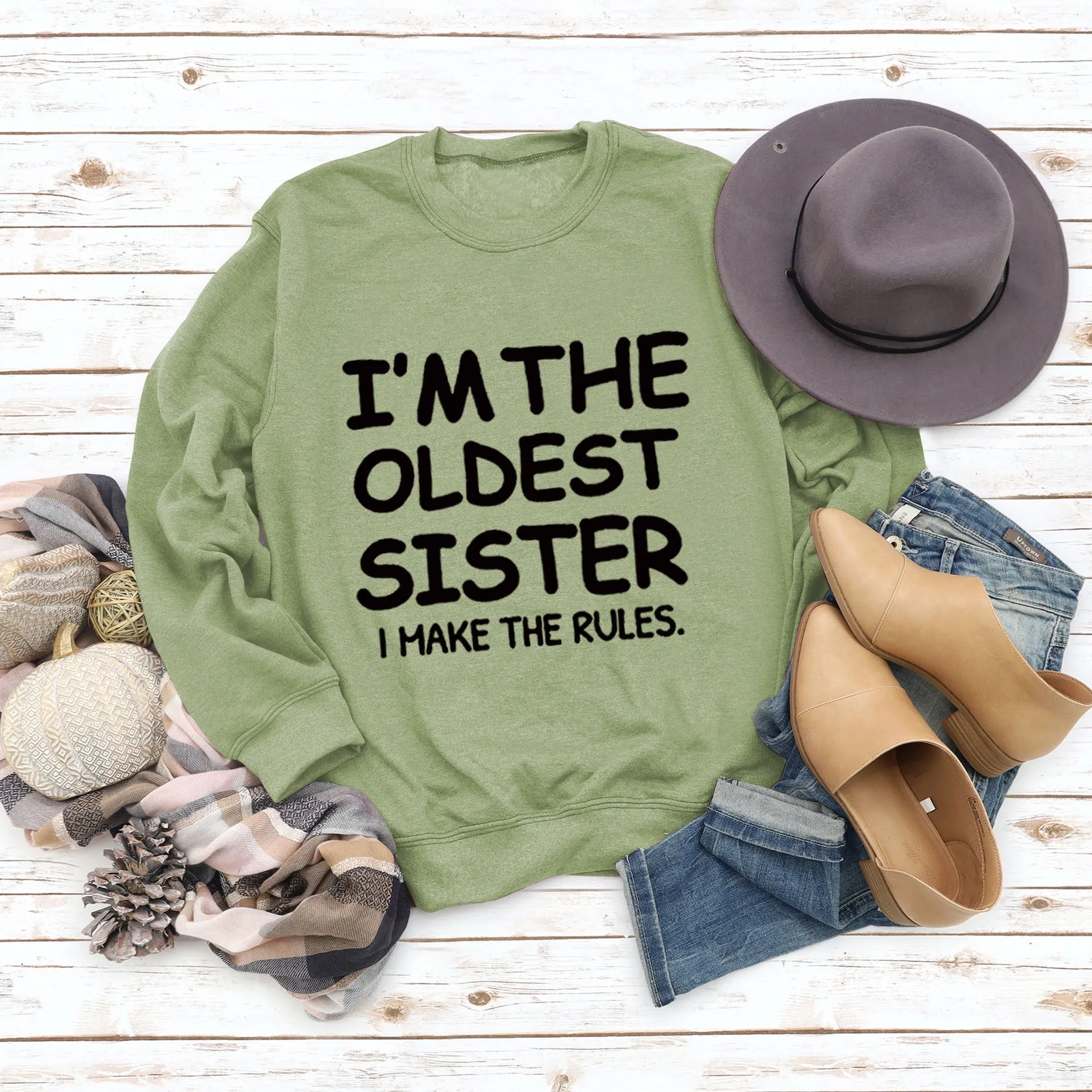 Round Neck Letter Fashion Women Long Sleeve I'M THE OLDEST SISTER Loose Print Sweatshirt