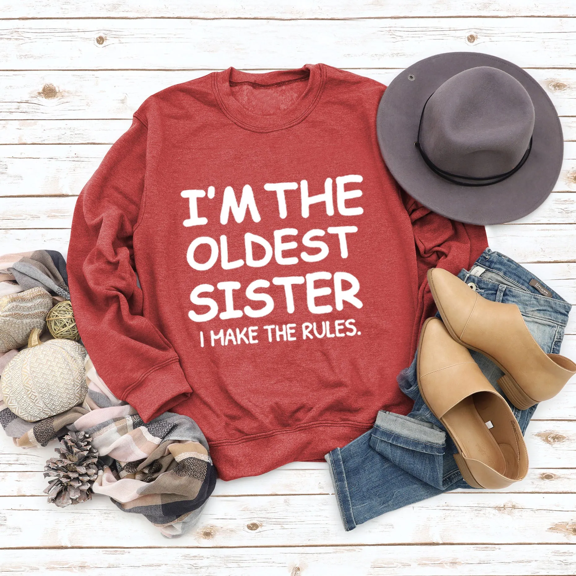 Round Neck Letter Fashion Women Long Sleeve I'M THE OLDEST SISTER Loose Print Sweatshirt