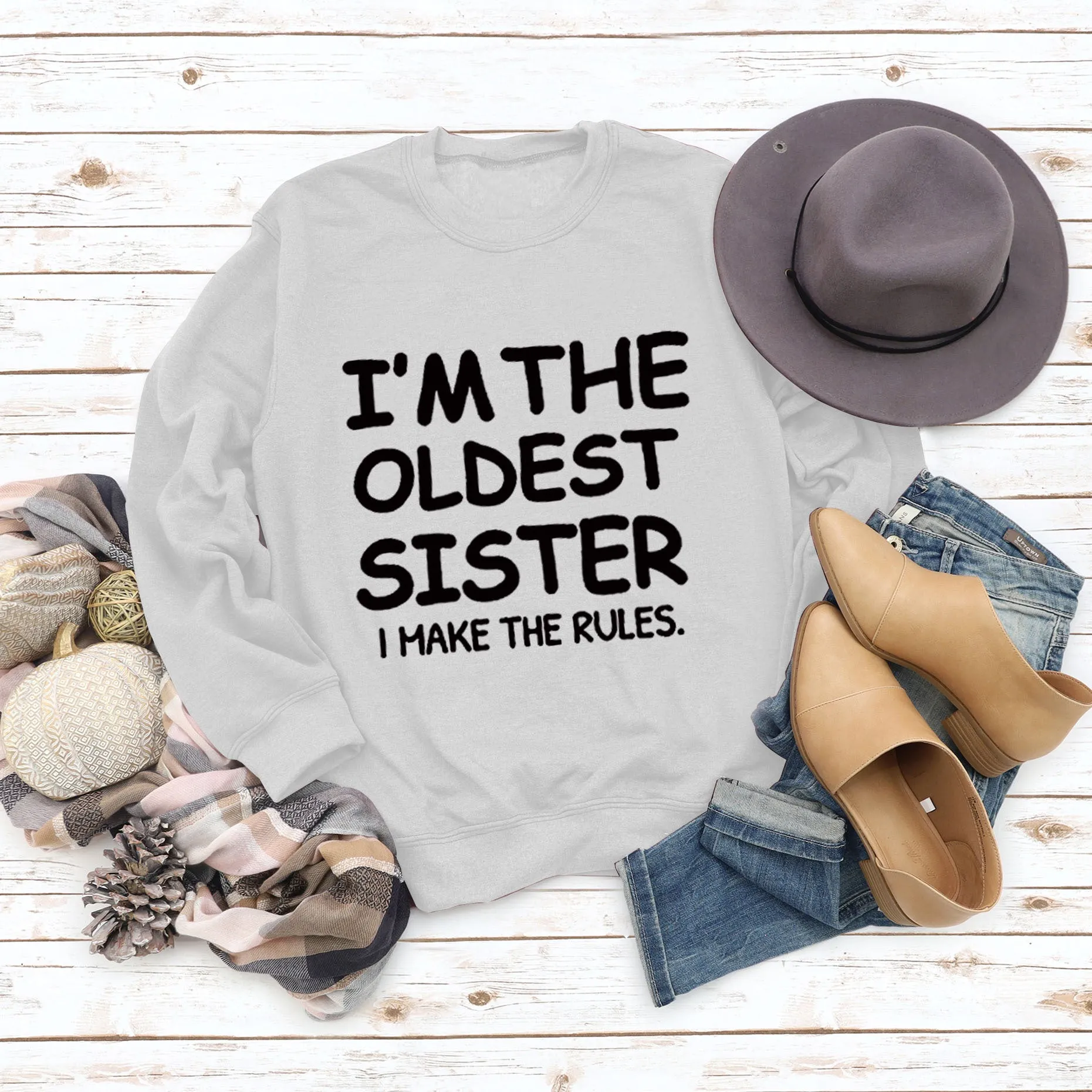 Round Neck Letter Fashion Women Long Sleeve I'M THE OLDEST SISTER Loose Print Sweatshirt