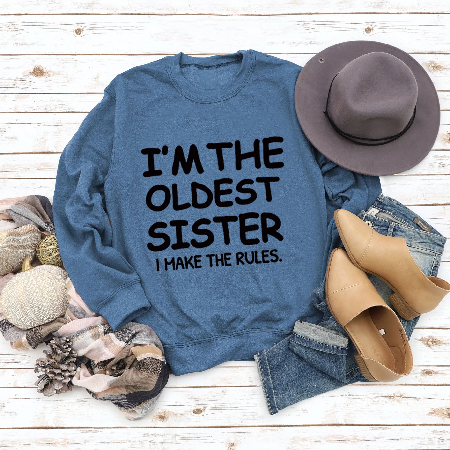 Round Neck Letter Fashion Women Long Sleeve I'M THE OLDEST SISTER Loose Print Sweatshirt