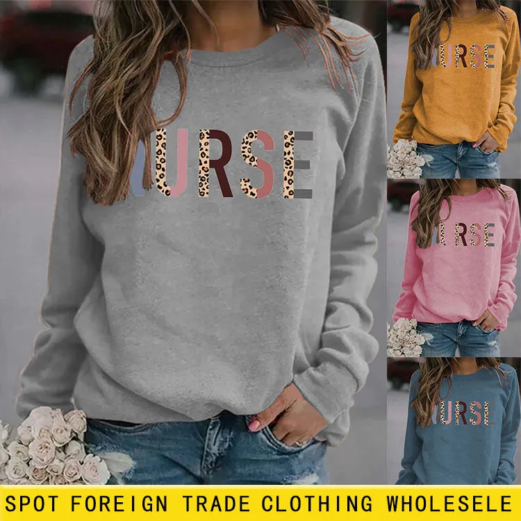 Round Neck Letter Top Long Sleeve Nurse Women's Printed Sweater