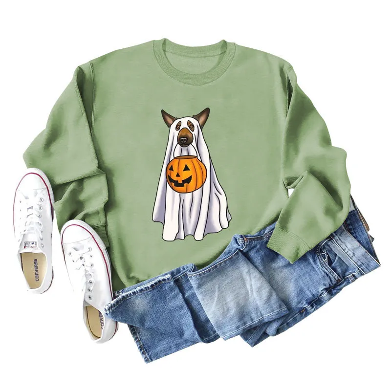 Spot Ghost Dog Pumpkin Halloween Round Neck Long Sleeve Sweater Girl