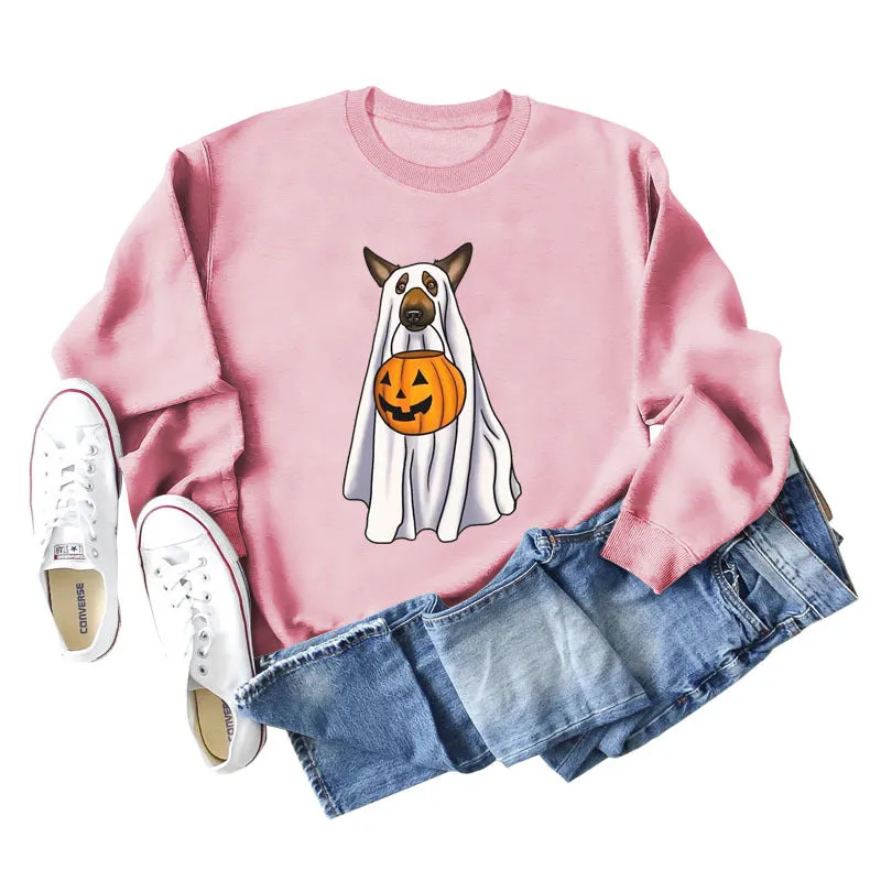 Spot Ghost Dog Pumpkin Halloween Round Neck Long Sleeve Sweater Girl