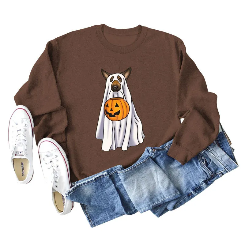Spot Ghost Dog Pumpkin Halloween Round Neck Long Sleeve Sweater Girl