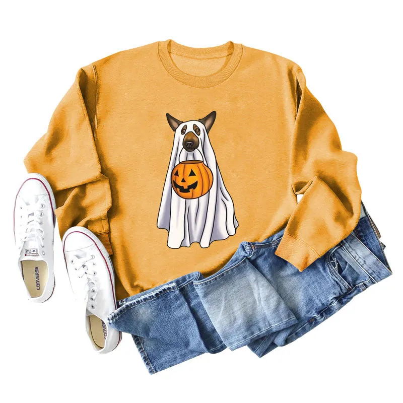 Spot Ghost Dog Pumpkin Halloween Round Neck Long Sleeve Sweater Girl