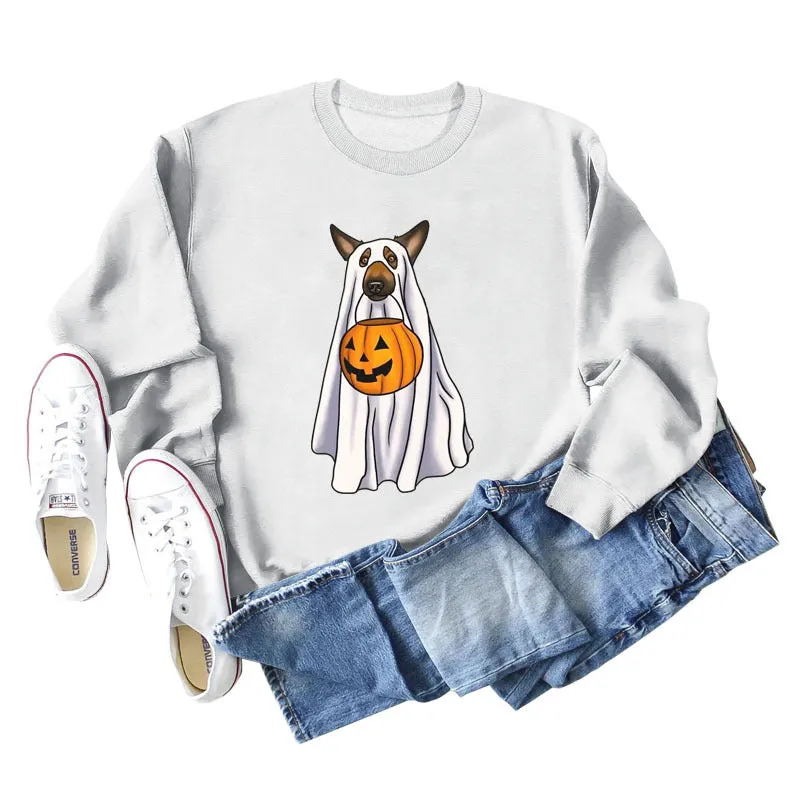 Spot Ghost Dog Pumpkin Halloween Round Neck Long Sleeve Sweater Girl