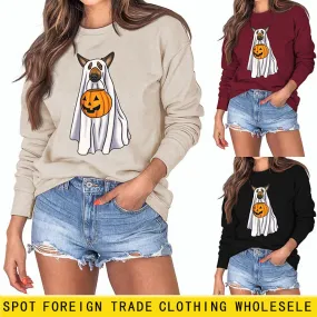 Spot Ghost Dog Pumpkin Halloween Round Neck Long Sleeve Sweater Girl