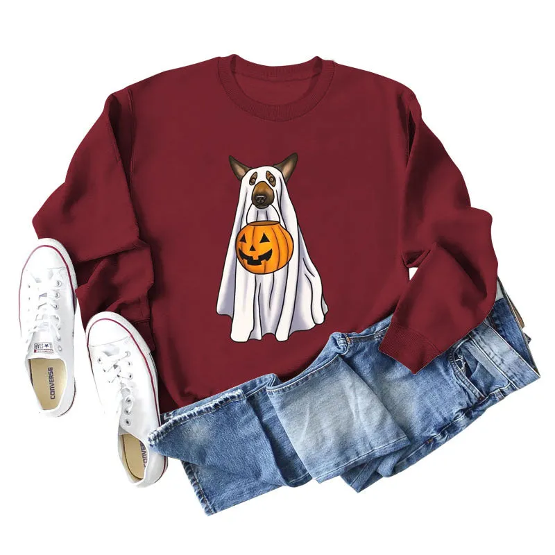 Spot Ghost Dog Pumpkin Halloween Round Neck Long Sleeve Sweater Girl