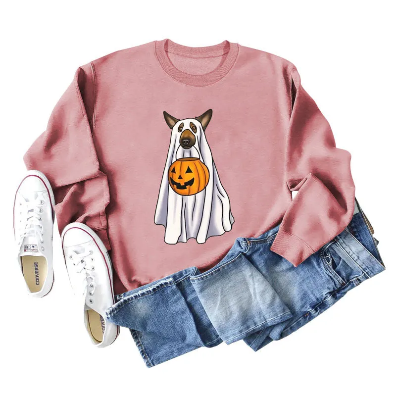 Spot Ghost Dog Pumpkin Halloween Round Neck Long Sleeve Sweater Girl