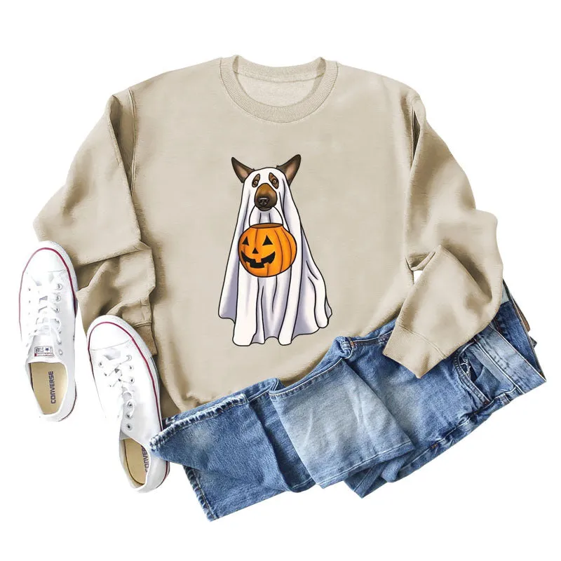 Spot Ghost Dog Pumpkin Halloween Round Neck Long Sleeve Sweater Girl