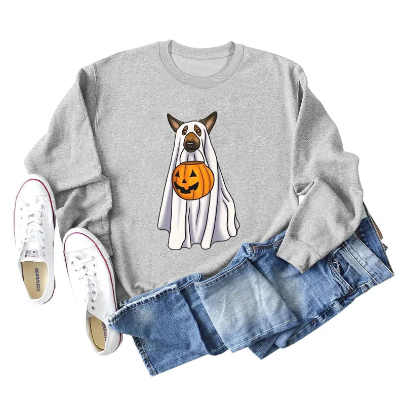 Spot Ghost Dog Pumpkin Halloween Round Neck Long Sleeve Sweater Girl