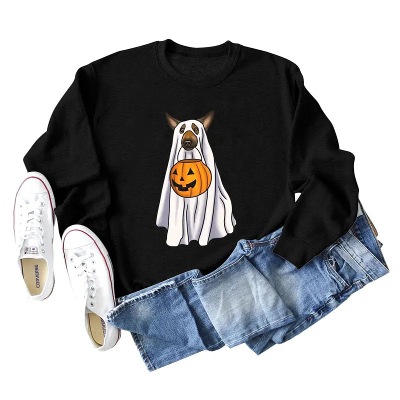 Spot Ghost Dog Pumpkin Halloween Round Neck Long Sleeve Sweater Girl