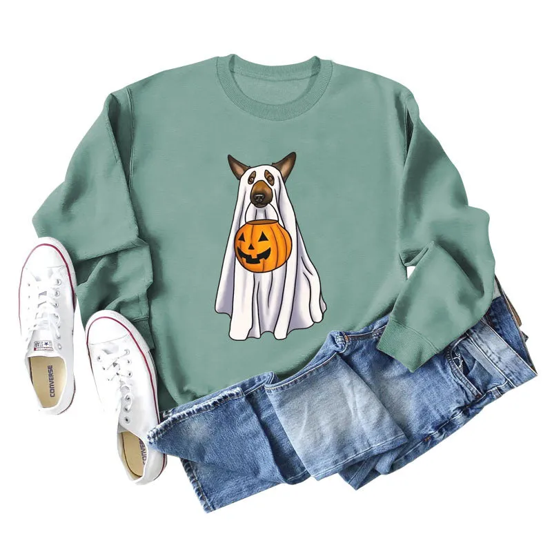 Spot Ghost Dog Pumpkin Halloween Round Neck Long Sleeve Sweater Girl