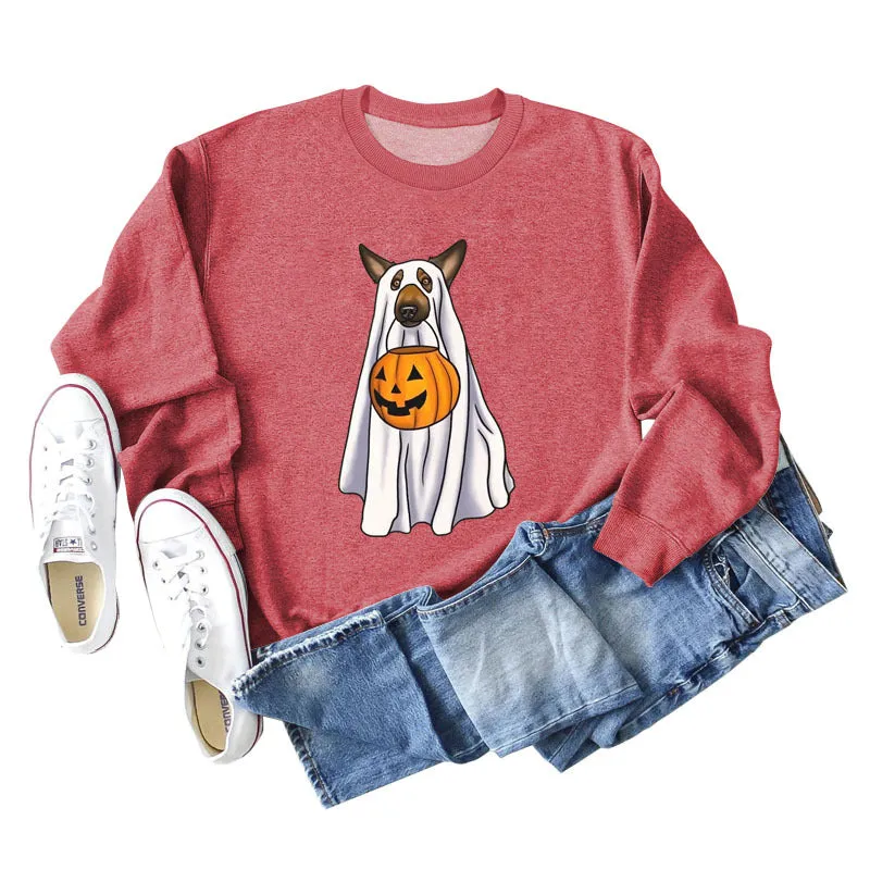 Spot Ghost Dog Pumpkin Halloween Round Neck Long Sleeve Sweater Girl