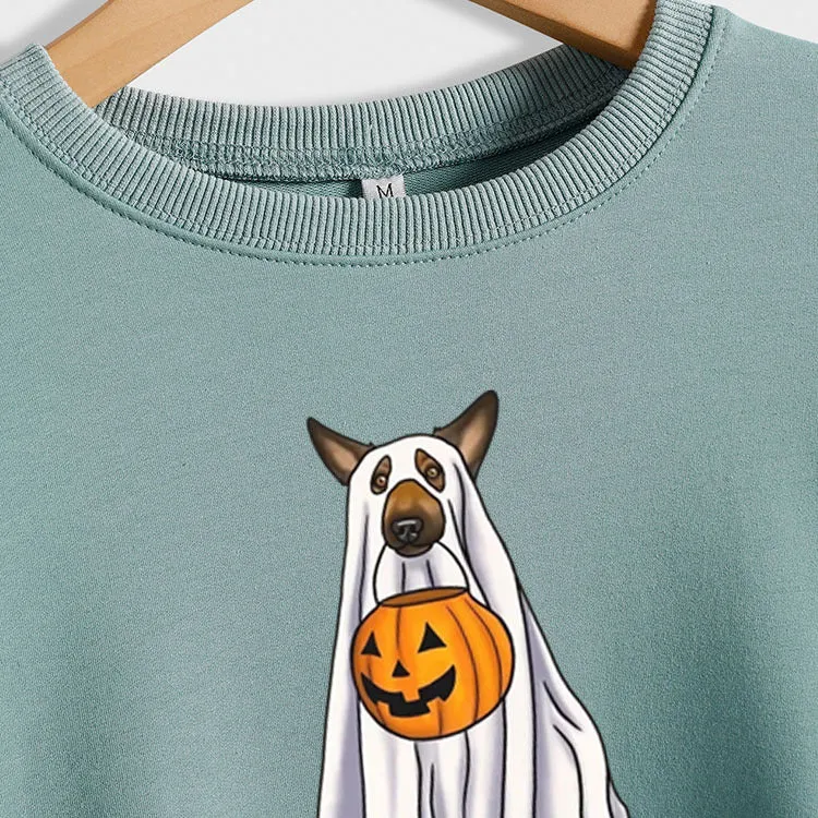 Spot Ghost Dog Pumpkin Halloween Round Neck Long Sleeve Sweater Girl