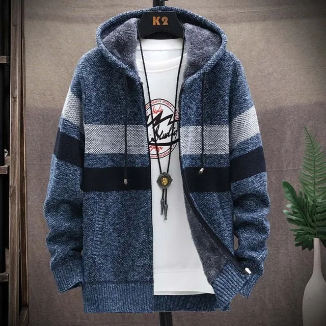 Striped Cardigan- Thick Knitted Hooded Sweaters/ Coat for Men