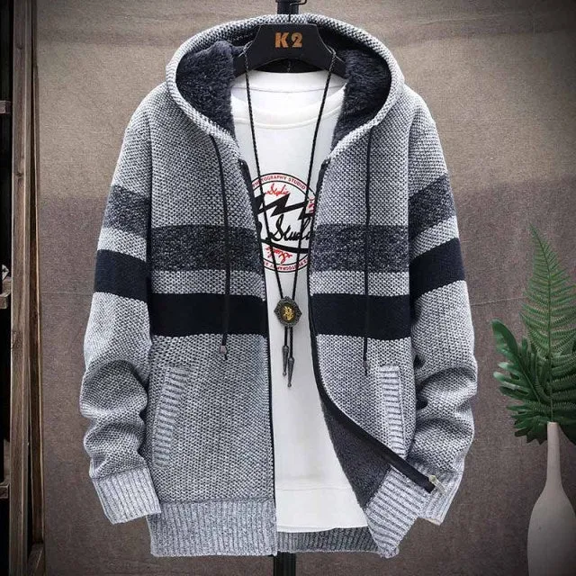 Striped Cardigan- Thick Knitted Hooded Sweaters/ Coat for Men