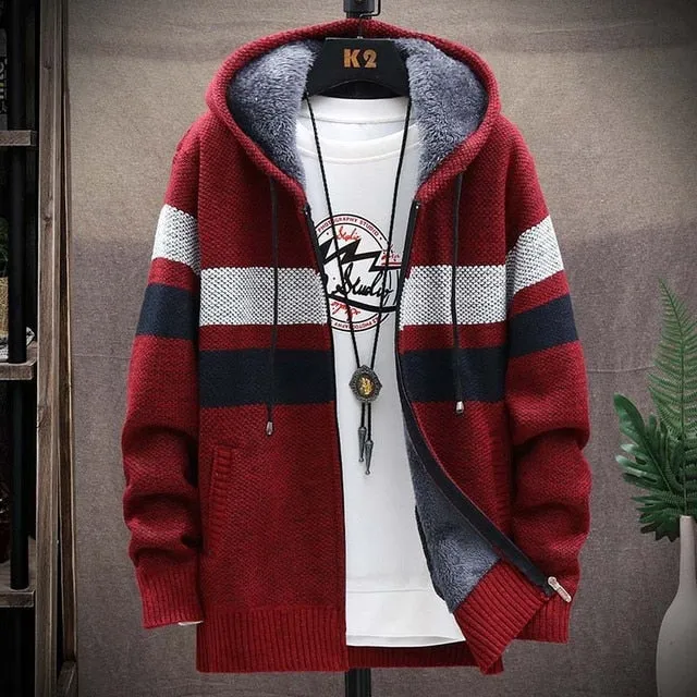 Striped Cardigan- Thick Knitted Hooded Sweaters/ Coat for Men