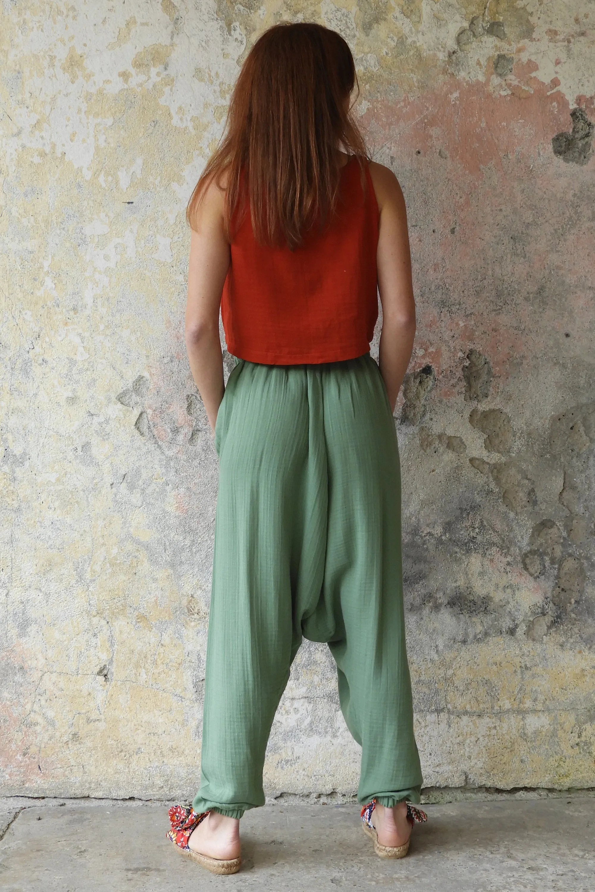 TRIBAL Women's Organic Gauze Cotton Harem Pants (Green)