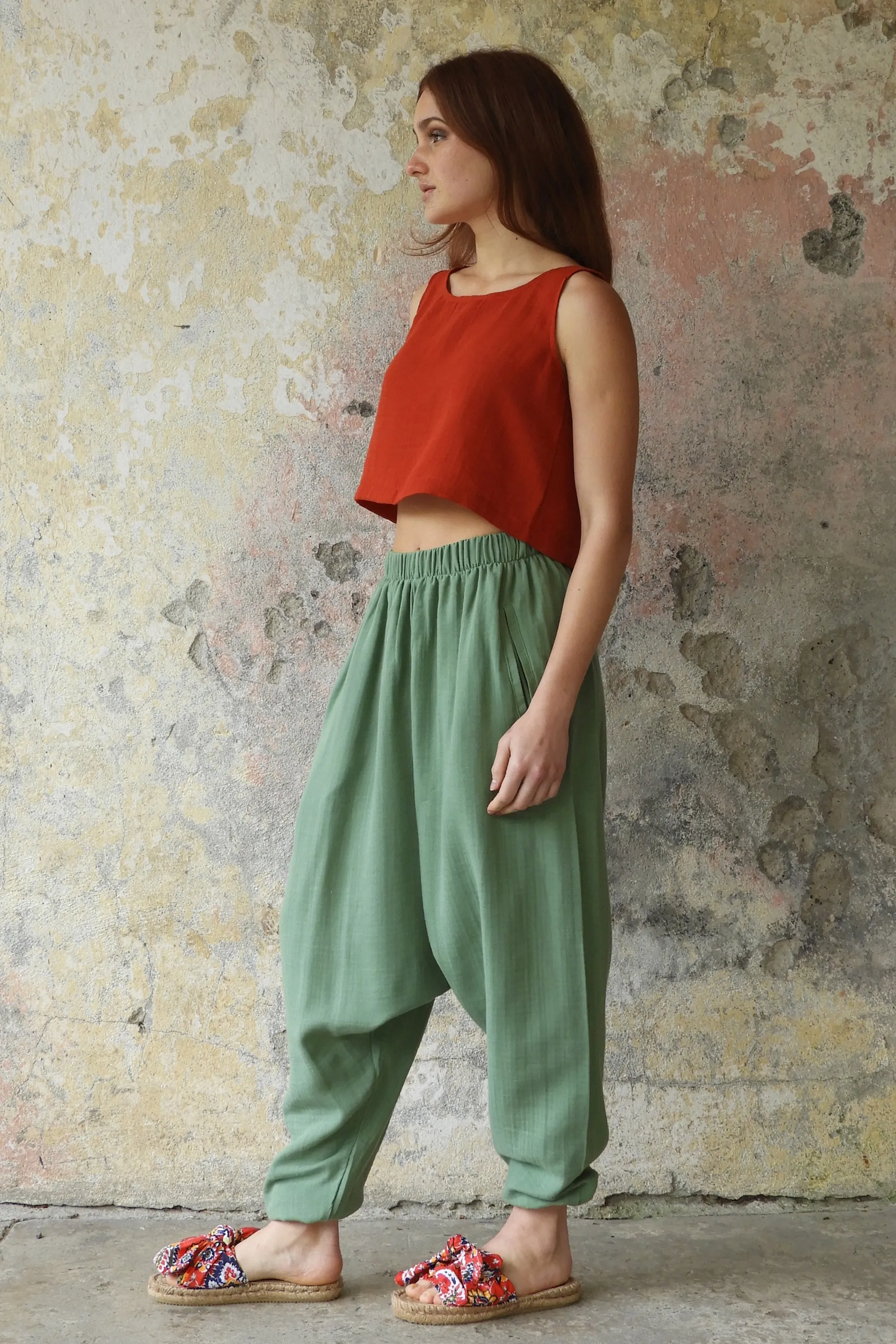 TRIBAL Women's Organic Gauze Cotton Harem Pants (Green)