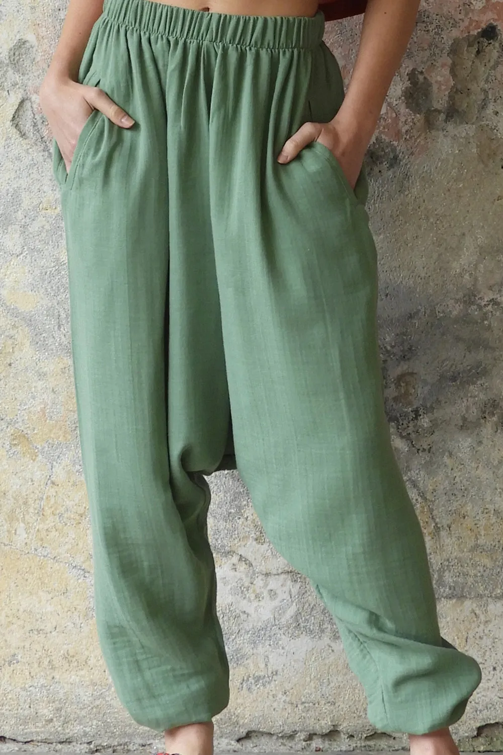 TRIBAL Women's Organic Gauze Cotton Harem Pants (Green)