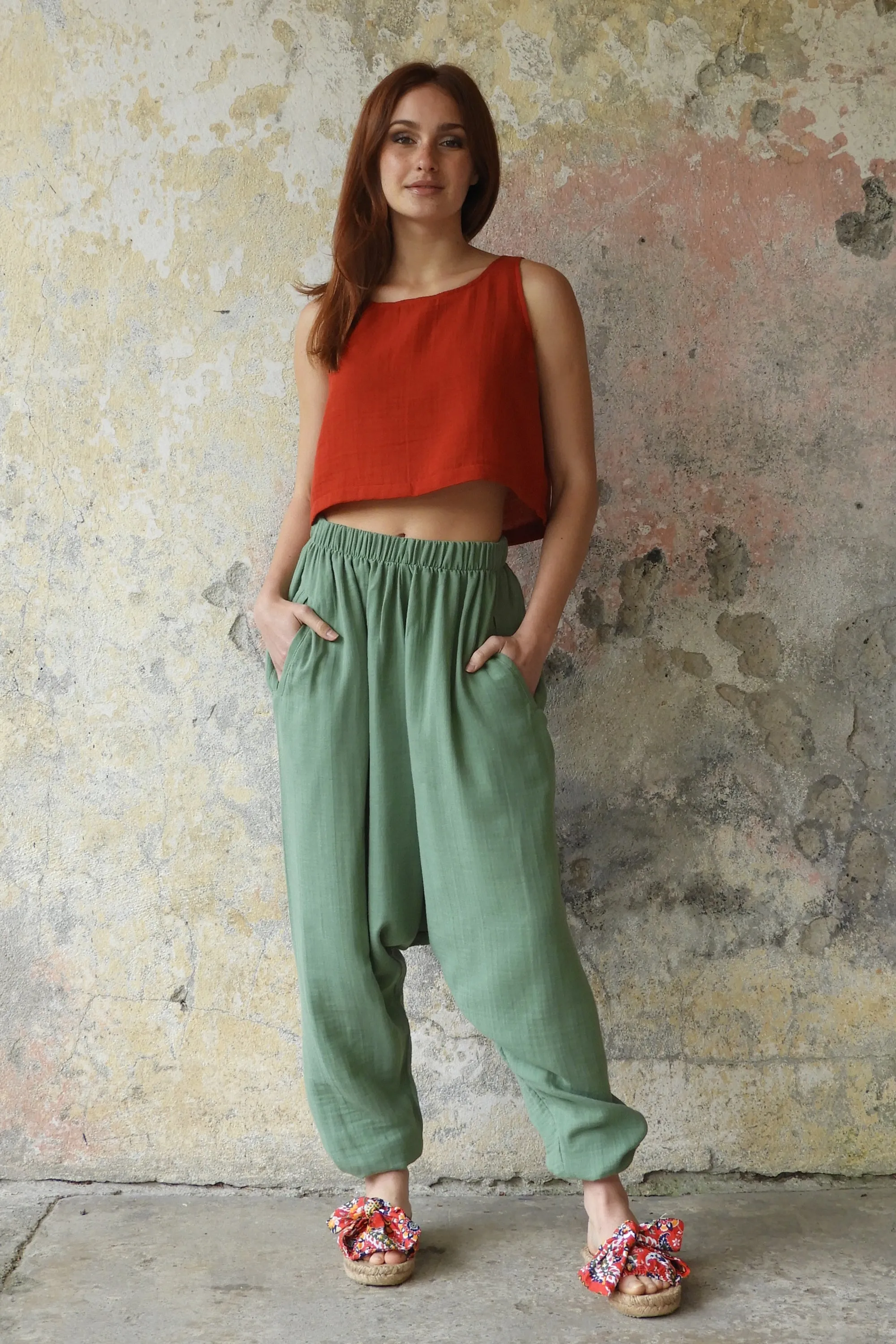 TRIBAL Women's Organic Gauze Cotton Harem Pants (Green)