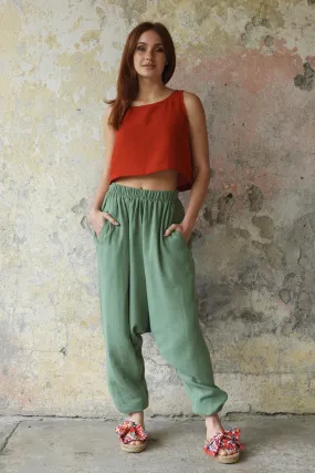 TRIBAL Women's Organic Gauze Cotton Harem Pants (Green)