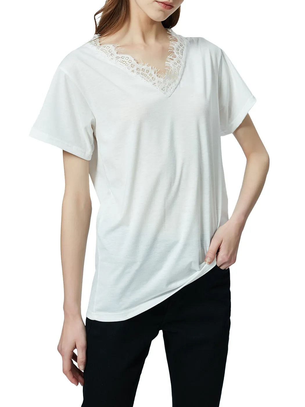 V Neck Eyelash Lace Trim Top Loose Short Sleeve Blouse
