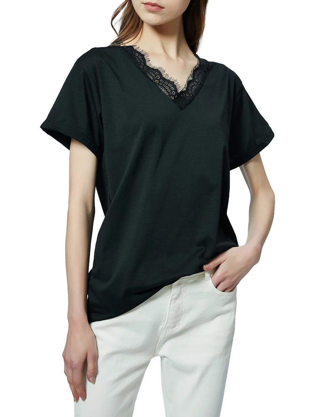 V Neck Eyelash Lace Trim Top Loose Short Sleeve Blouse