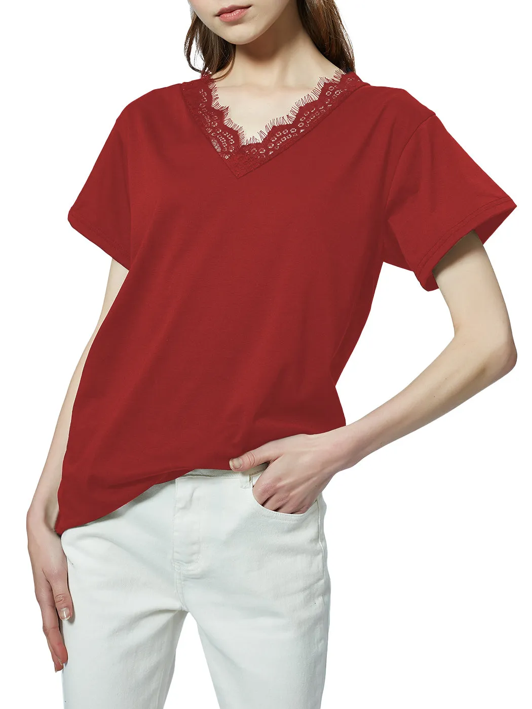 V Neck Eyelash Lace Trim Top Loose Short Sleeve Blouse
