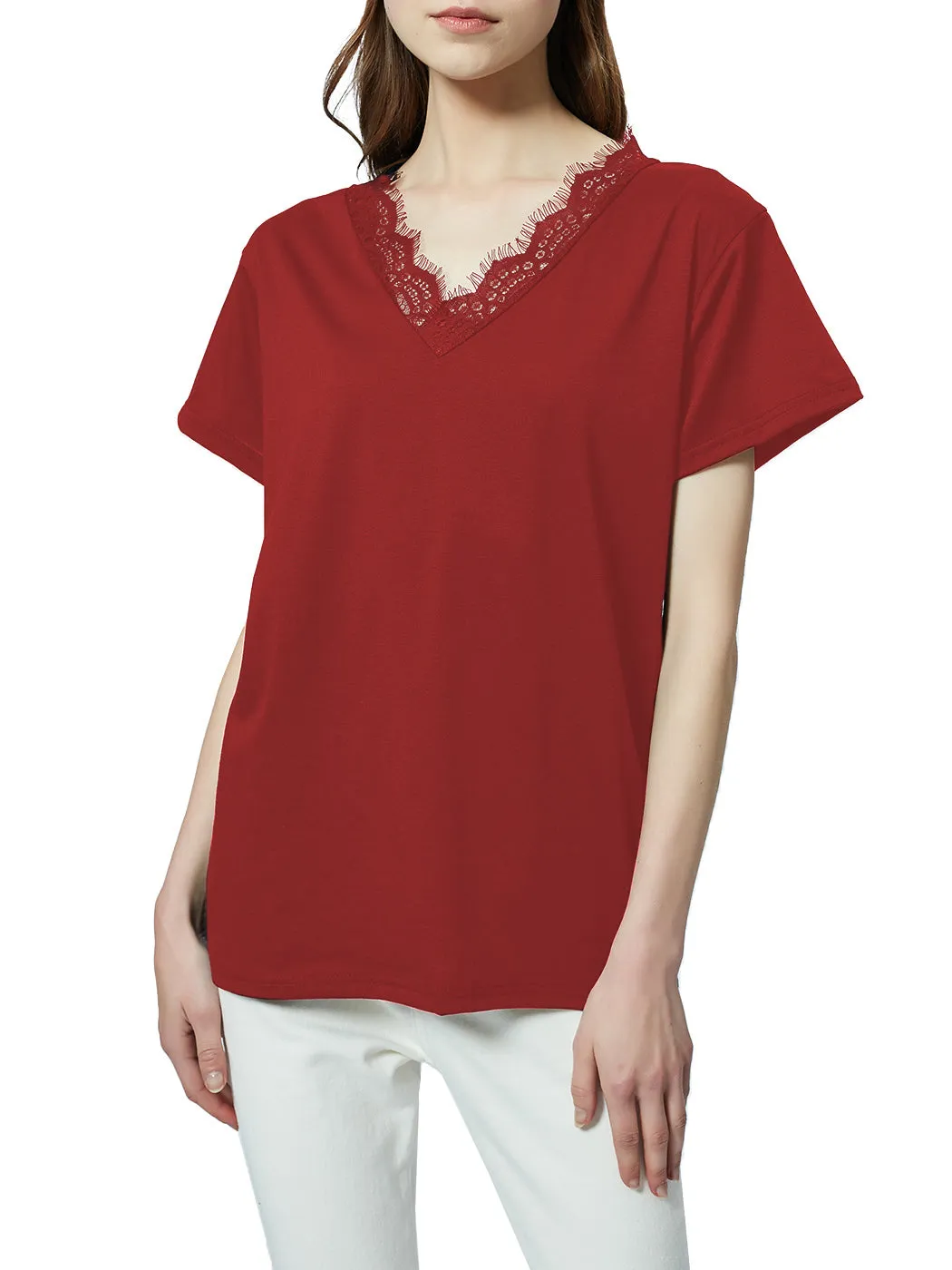 V Neck Eyelash Lace Trim Top Loose Short Sleeve Blouse
