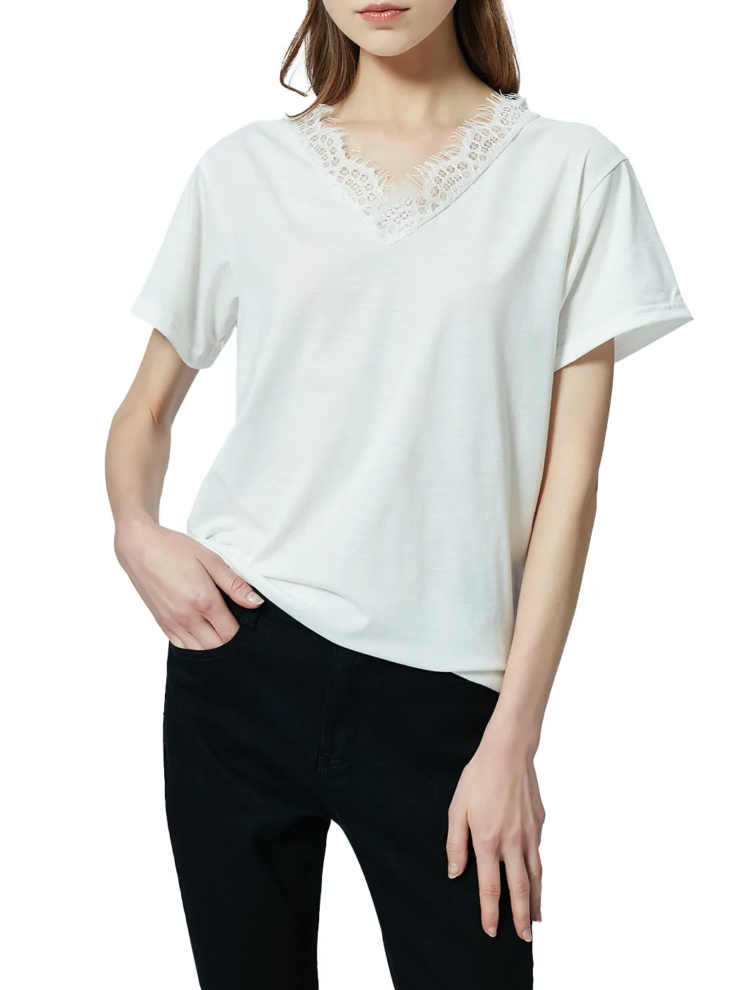 V Neck Eyelash Lace Trim Top Loose Short Sleeve Blouse
