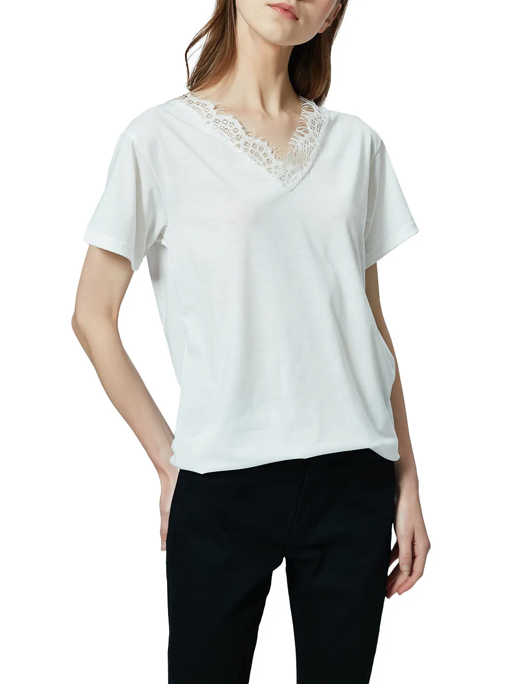 V Neck Eyelash Lace Trim Top Loose Short Sleeve Blouse