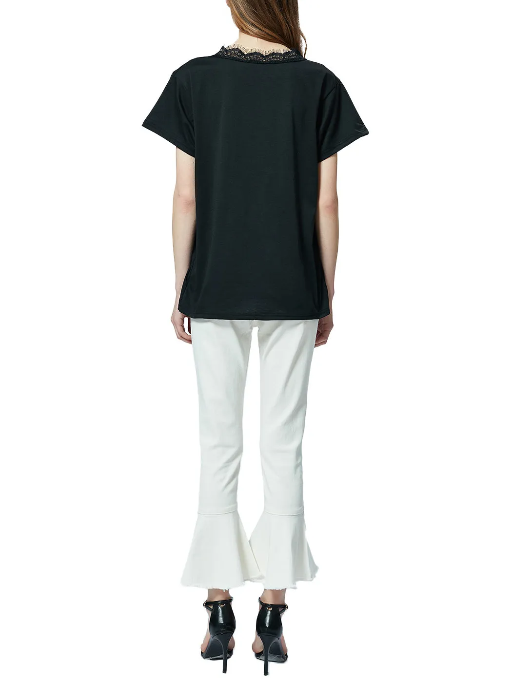V Neck Eyelash Lace Trim Top Loose Short Sleeve Blouse
