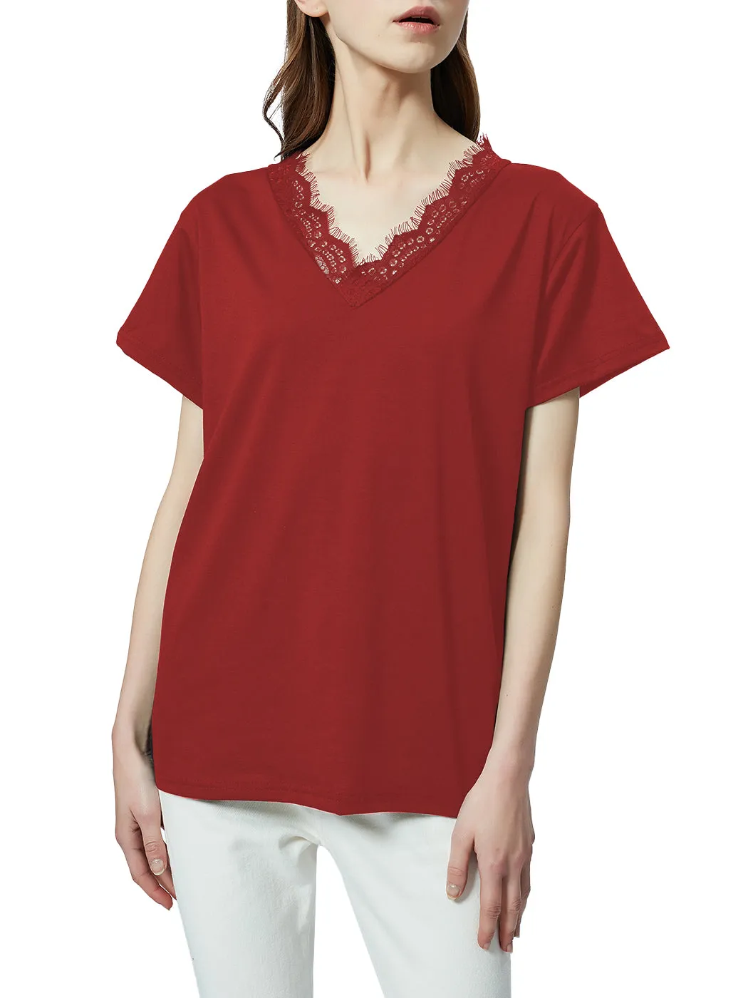 V Neck Eyelash Lace Trim Top Loose Short Sleeve Blouse