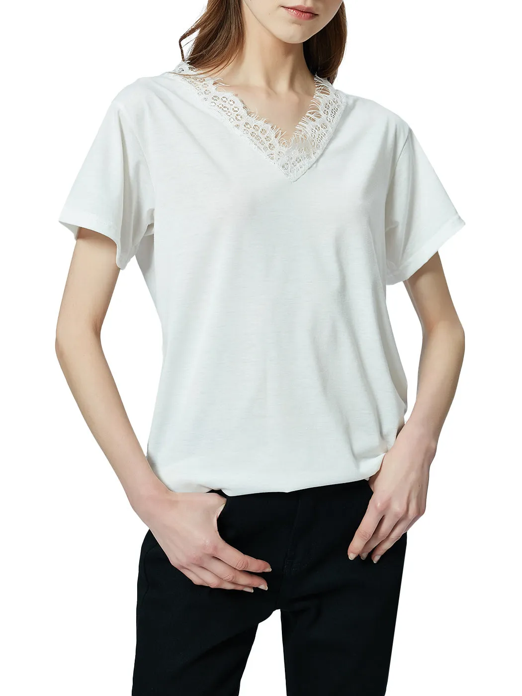 V Neck Eyelash Lace Trim Top Loose Short Sleeve Blouse
