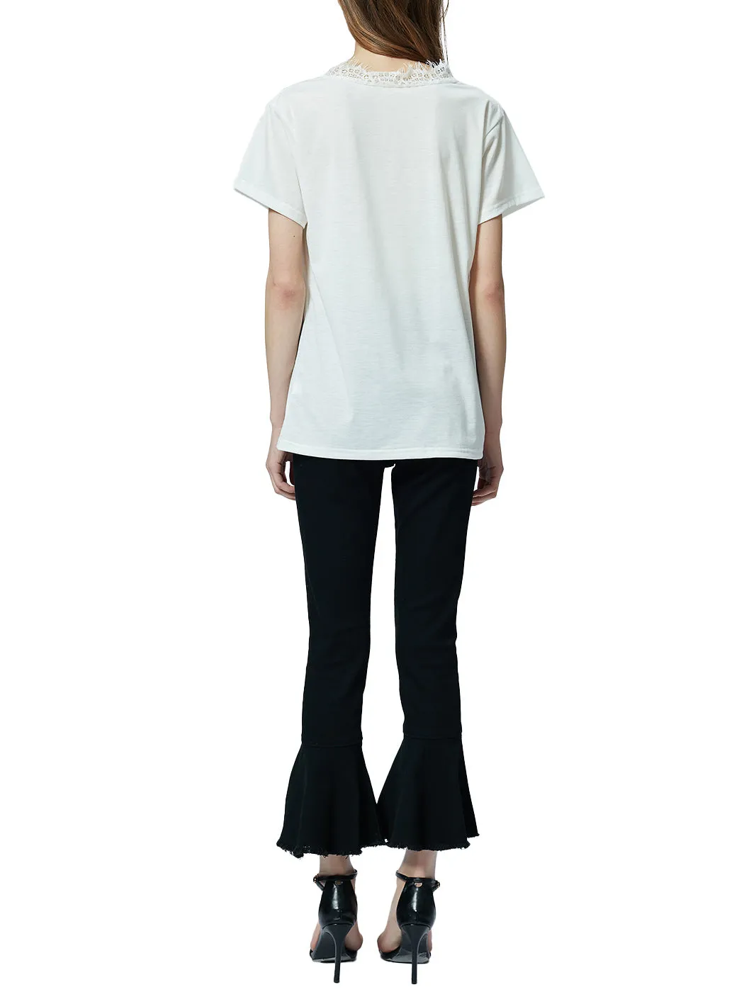 V Neck Eyelash Lace Trim Top Loose Short Sleeve Blouse