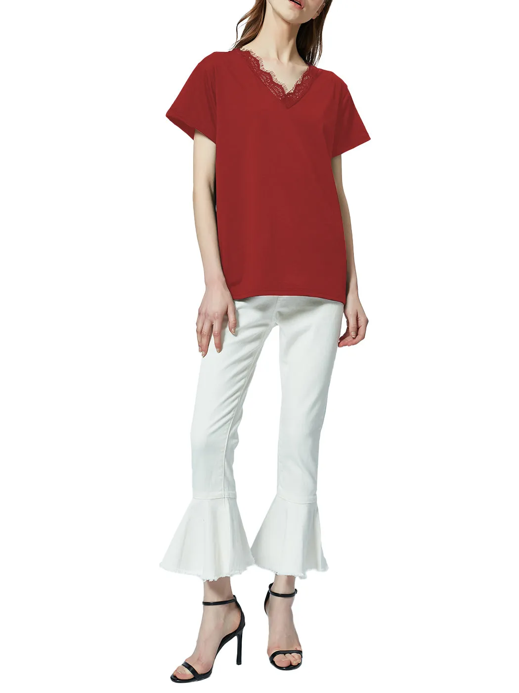 V Neck Eyelash Lace Trim Top Loose Short Sleeve Blouse